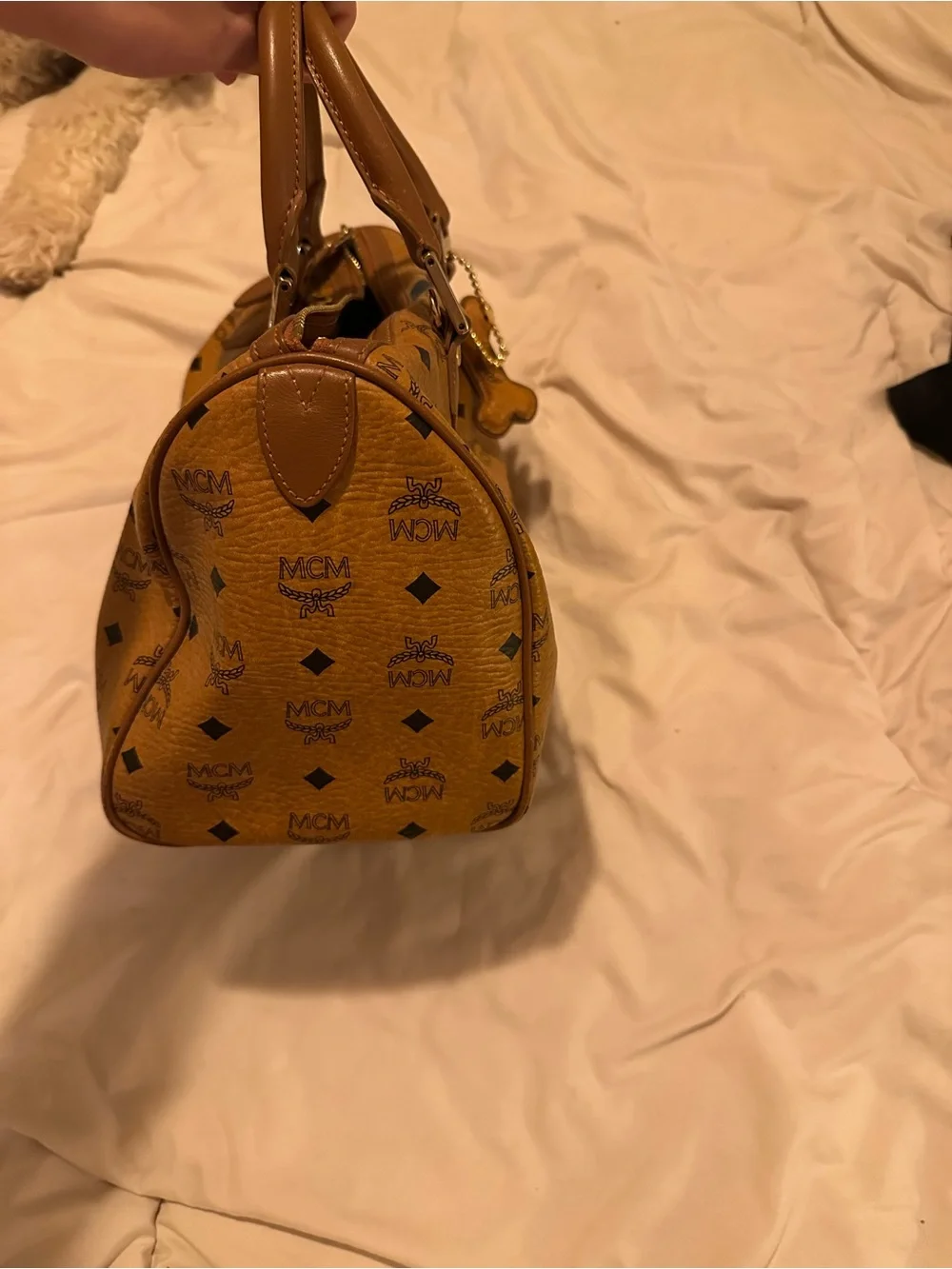 MCM Cognac Visetos Satchel with Navy and Orange Center Stripes